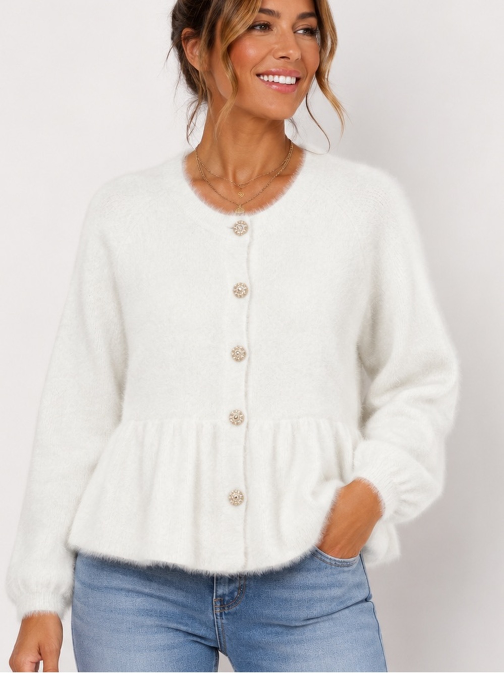 0343..New White Women's Peplum Button Sweater cardigan
